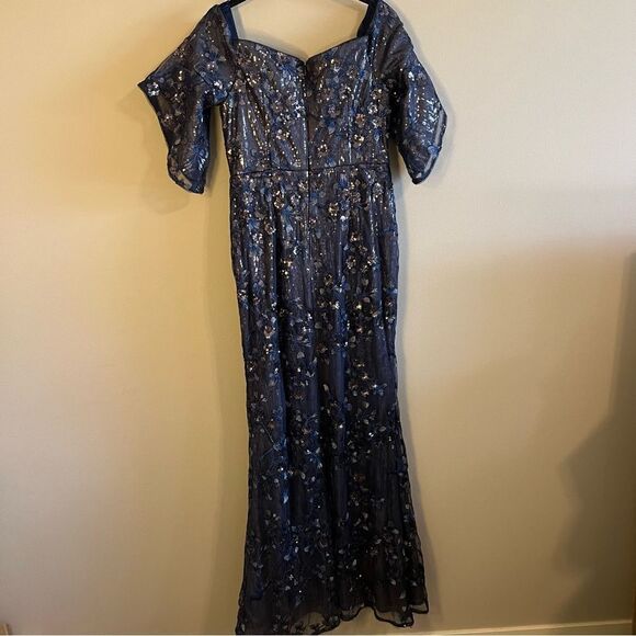 Aidan Mattox Blue Sequin Off the Shoulder Dress Gown Long 6 - Picture 9 of 15